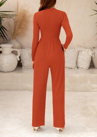 Casual Long Sleeve Mock Neck Wide Leg Jumpsuits