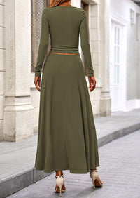 Casual Ribbed Knit Long Sleeve Crop Tops Maxi Flowy Skirts Two Piece Sets