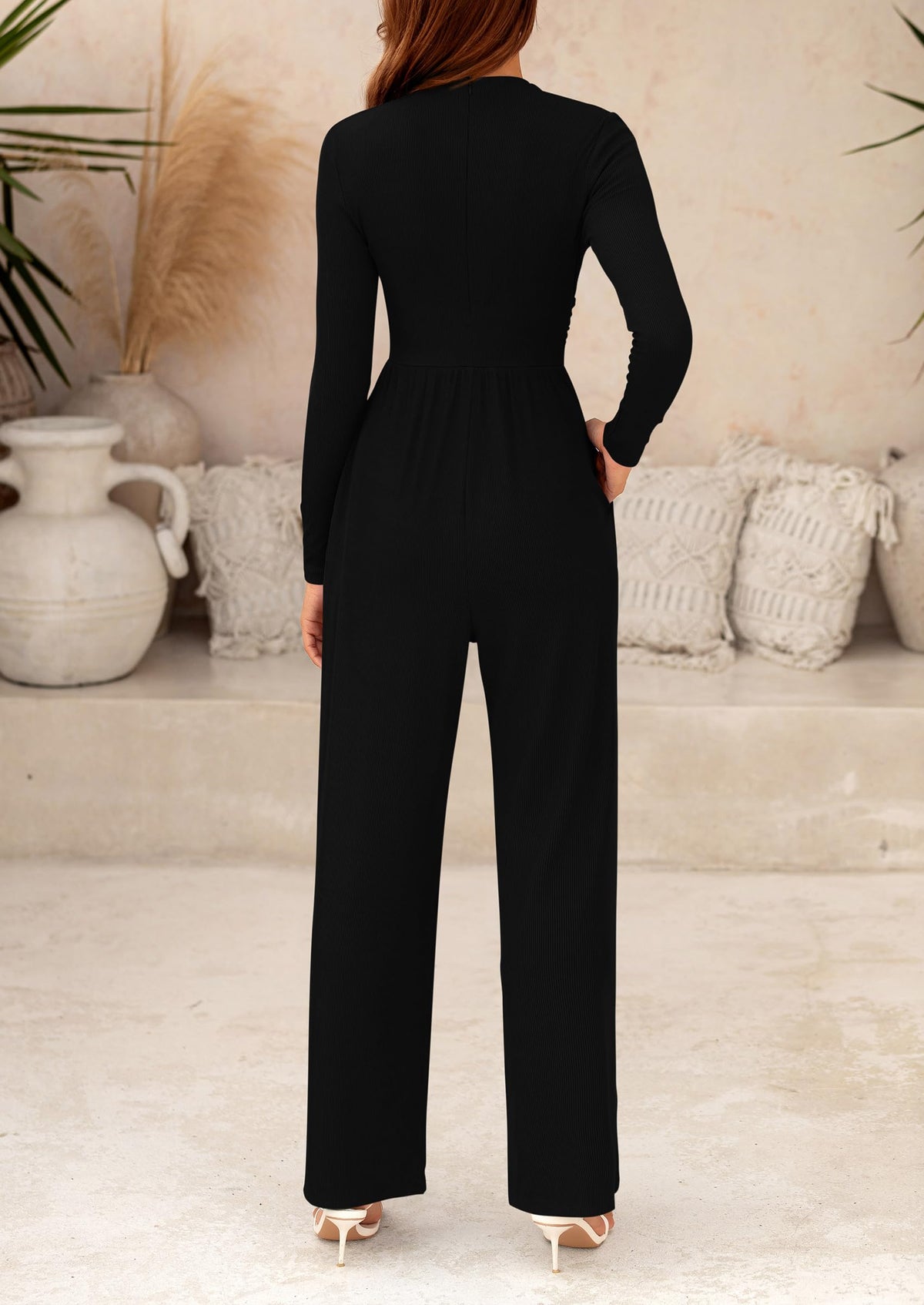 Casual Long Sleeve Mock Neck Wide Leg Jumpsuits