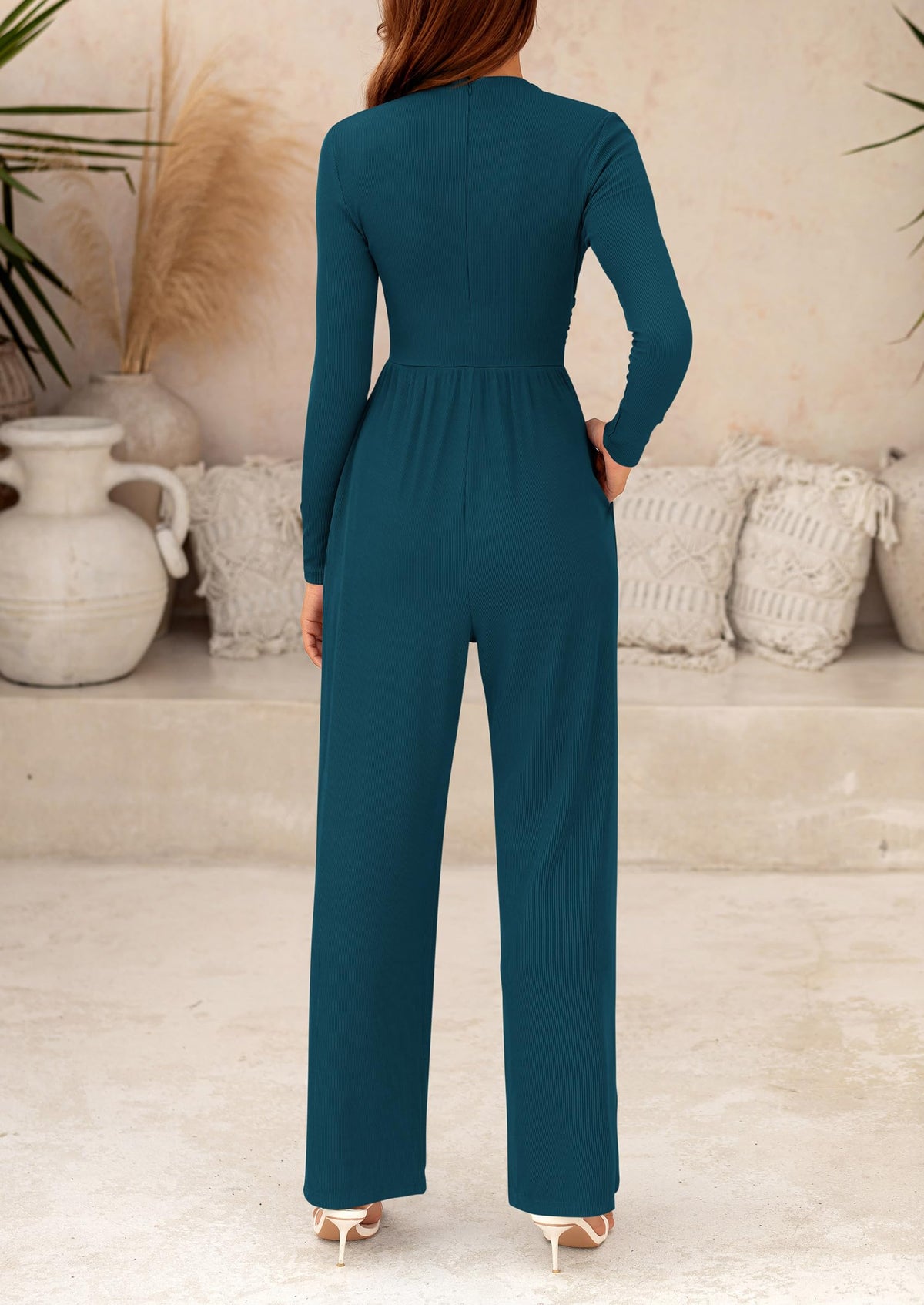 Casual Long Sleeve Mock Neck Wide Leg Jumpsuits