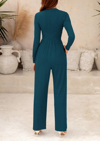 Casual Long Sleeve Mock Neck Wide Leg Jumpsuits