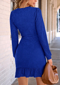 Ruched Bodycon Long Puff Sleeve Ruffle Fitted Mini Dress