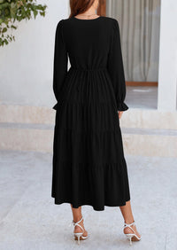 Long Sleeve V Neck Tiered Ruffle Flowy A Line Maxi Dresses