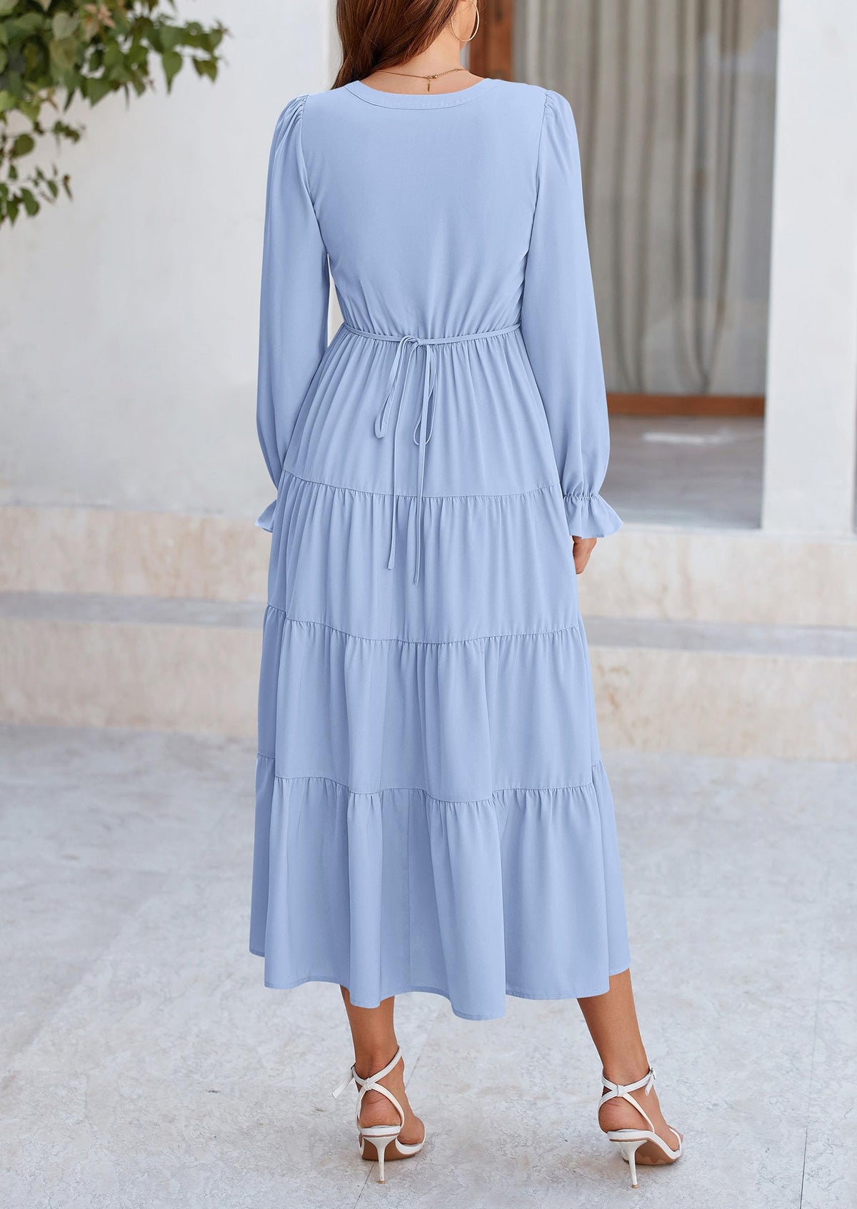 Long Sleeve V Neck Tiered Ruffle Flowy A Line Maxi Dresses