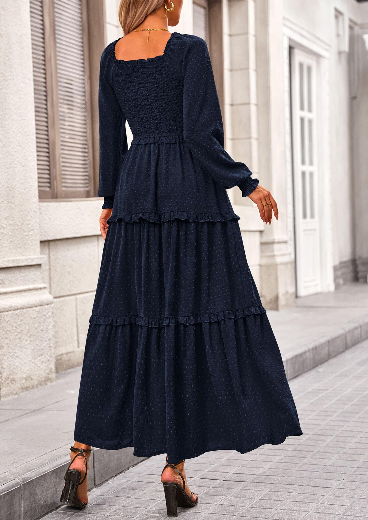 Long Sleeve Smocked Casual Square Neck Swiss Dot Tiered Ruffle Maxi Dresses