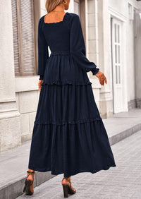 Long Sleeve Smocked Casual Square Neck Swiss Dot Tiered Ruffle Maxi Dresses