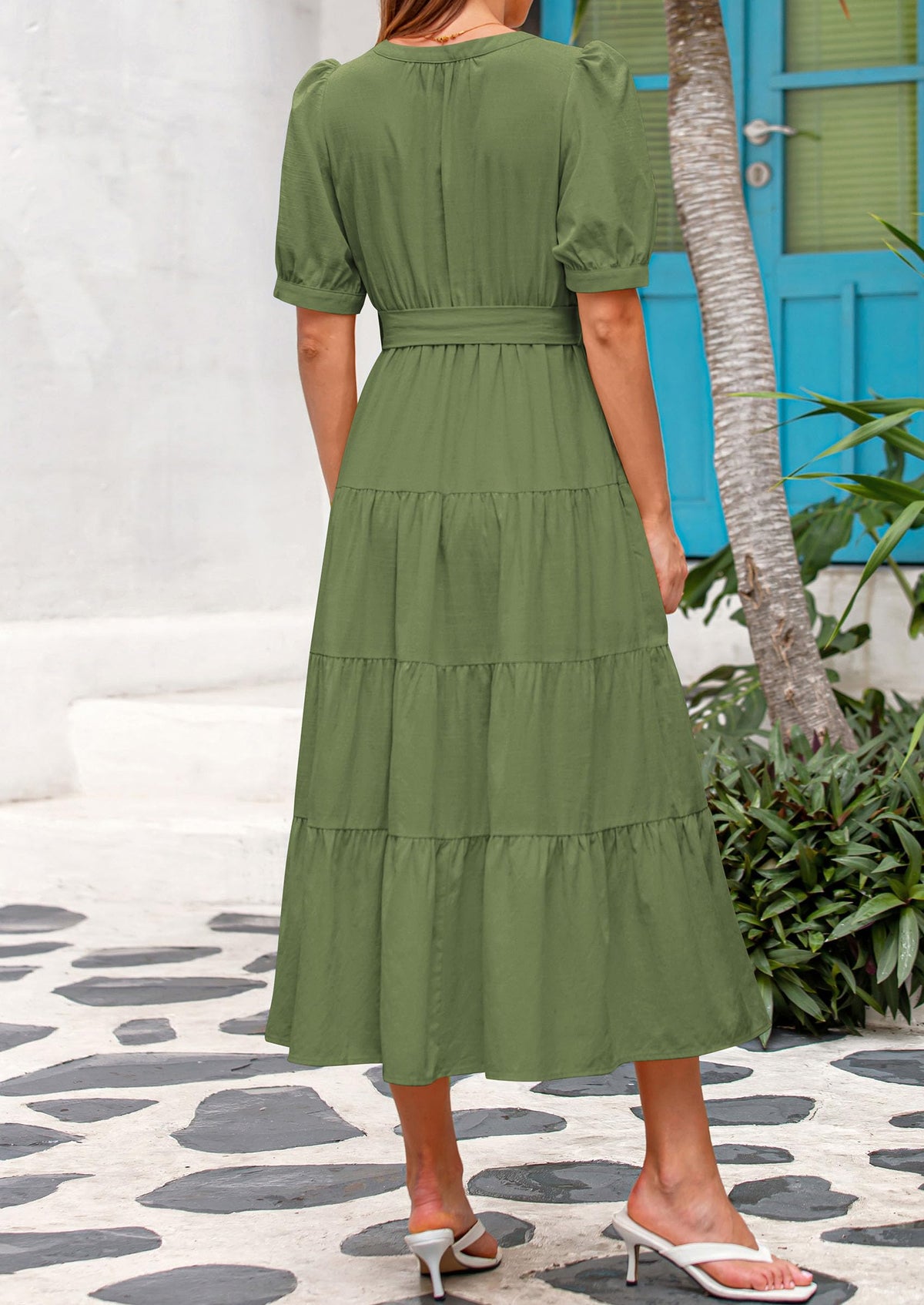 Casual Short Sleeved V-Neck Button Up Lace Up Dress