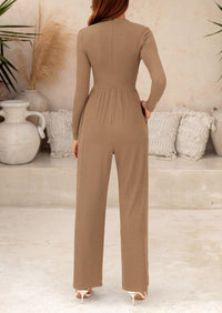 Casual Long Sleeve Mock Neck Wide Leg Jumpsuits