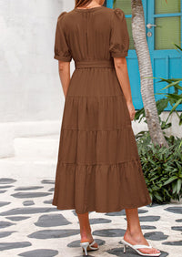 Casual Short Sleeved V-Neck Button Up Lace Up Dress