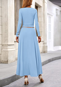 Casual Ribbed Knit Long Sleeve Crop Tops Maxi Flowy Skirts Two Piece Sets