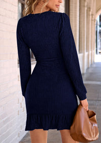 Ruched Bodycon Long Puff Sleeve Ruffle Fitted Mini Dress