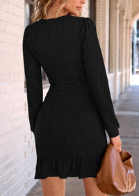 Ruched Bodycon Long Puff Sleeve Ruffle Fitted Mini Dress
