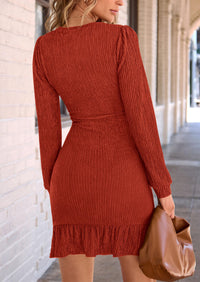Ruched Bodycon Long Puff Sleeve Ruffle Fitted Mini Dress