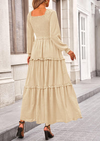 Long Sleeve Smocked Casual Square Neck Swiss Dot Tiered Ruffle Maxi Dresses