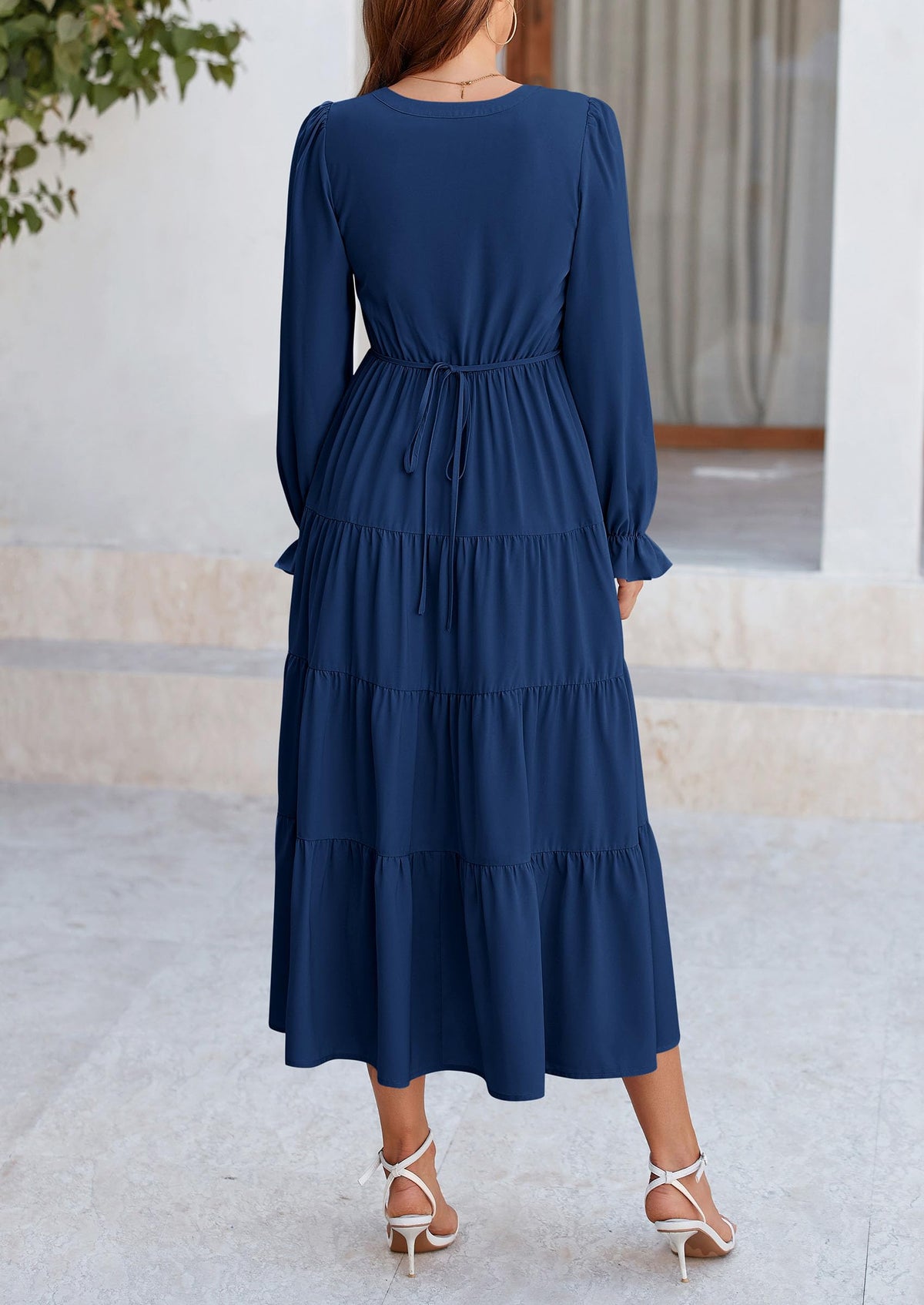 Long Sleeve V Neck Tiered Ruffle Flowy A Line Maxi Dresses