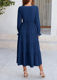 Long Sleeve V Neck Tiered Ruffle Flowy A Line Maxi Dresses