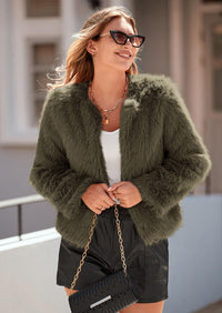 PRETTYGARDEN Women's Winter Coats Fleece Cropped Jacket Faux Fur Long Sleeve Pockets Shaggy Warm Outerwear Fall Clothes