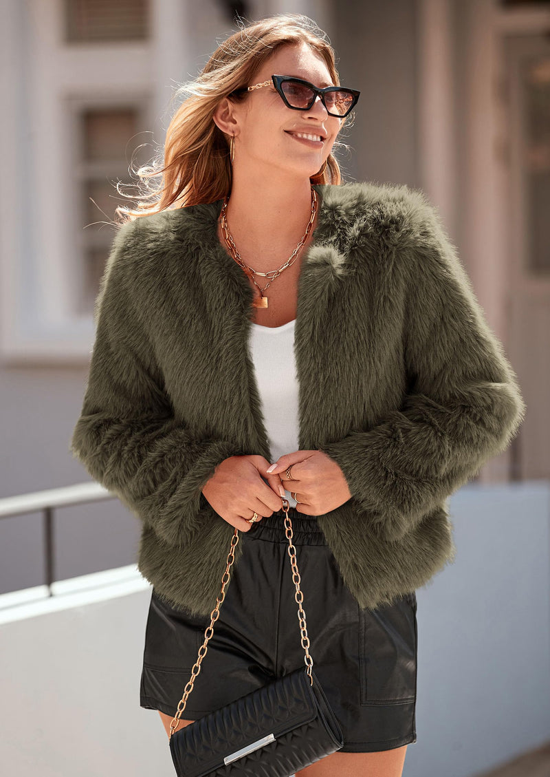 PRETTYGARDEN Women's Winter Coats Fleece Cropped Jacket Faux Fur Long Sleeve Pockets Shaggy Warm Outerwear Fall Clothes