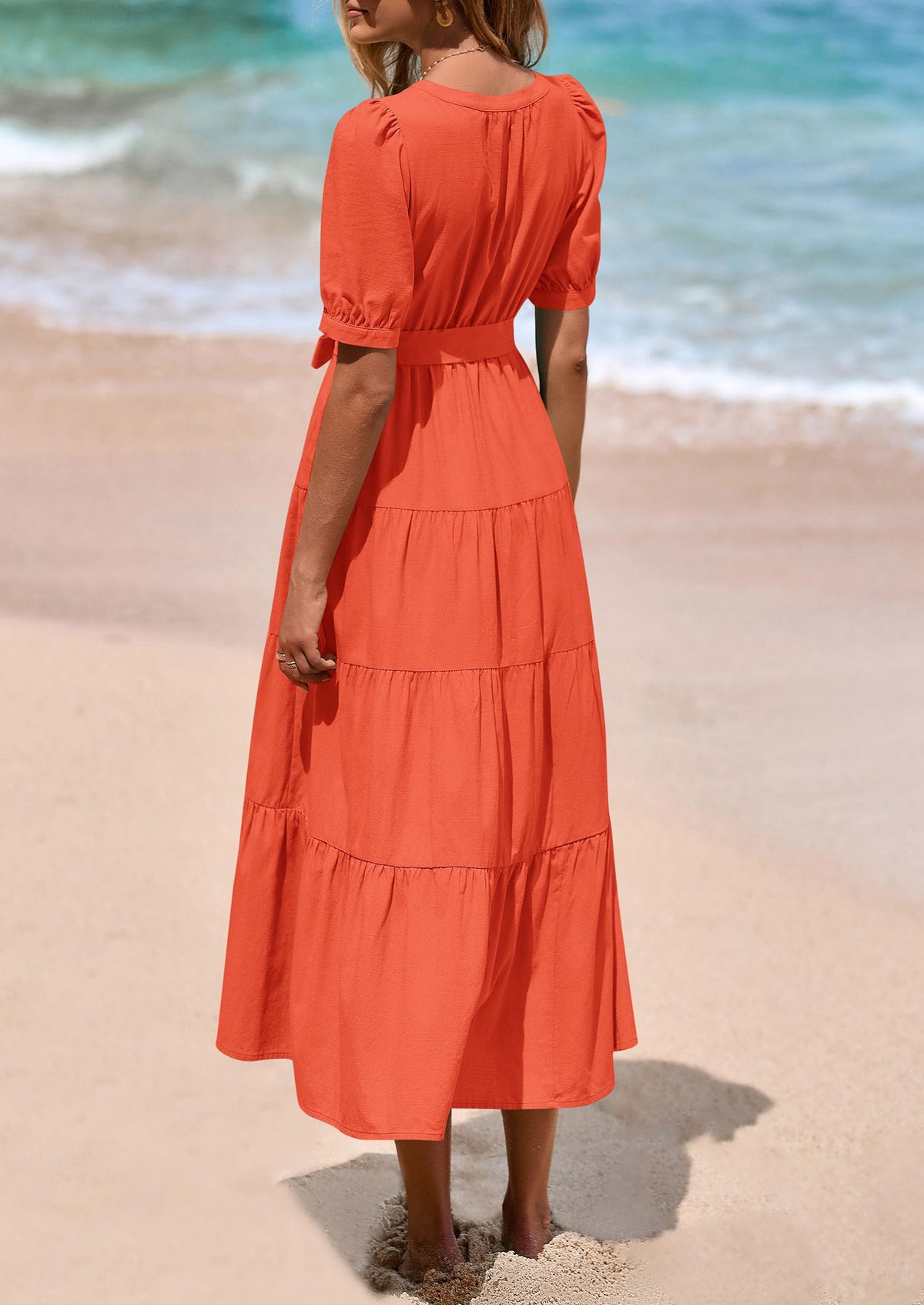 Casual Short Sleeved V-Neck Button Up Lace Up Dress
