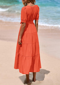 Casual Short Sleeved V-Neck Button Up Lace Up Dress