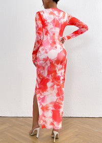 Floral Print Long Sleeve Tight Fitted Ruched Bodycon Maxi Dresses
