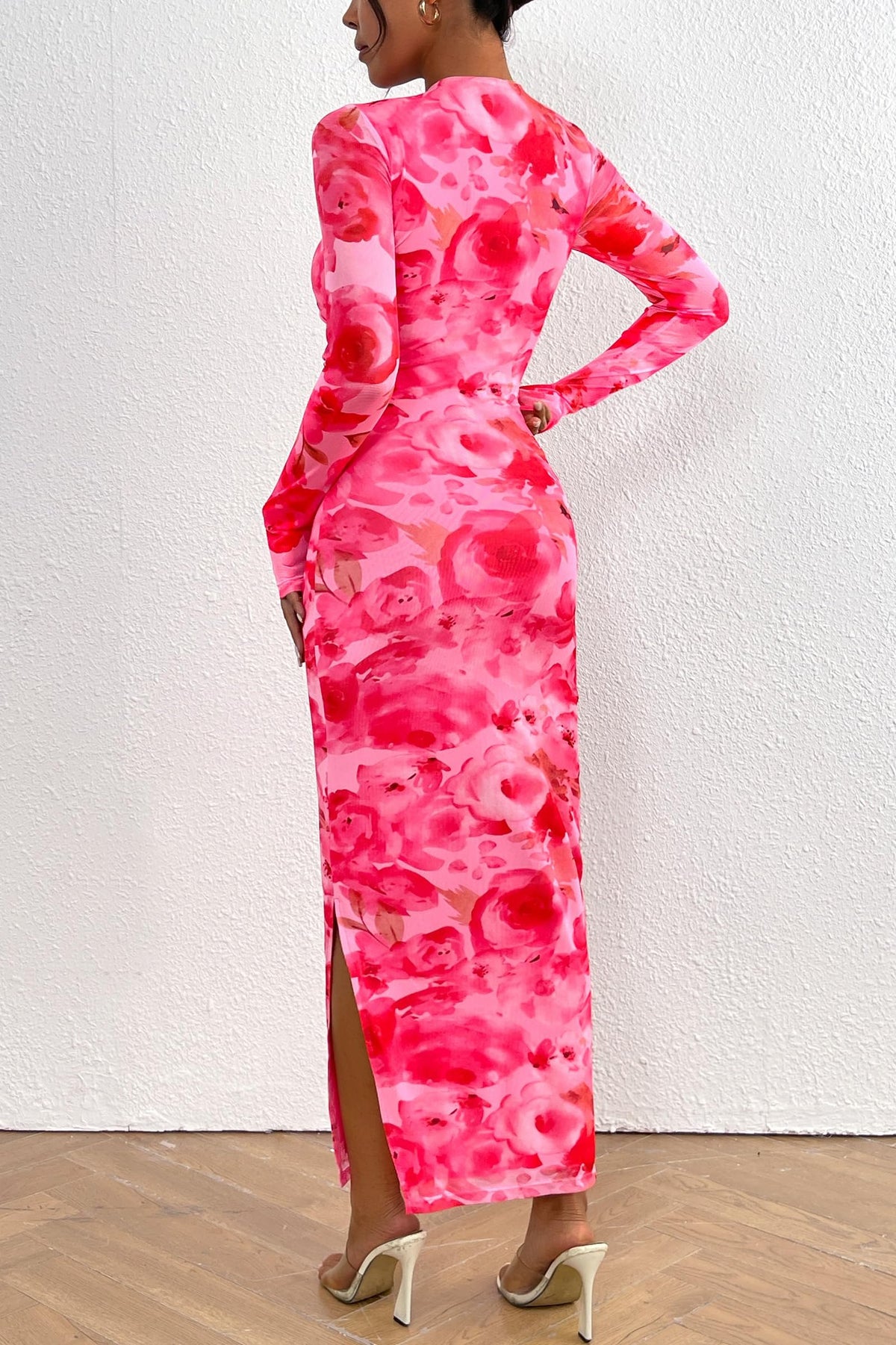 Floral Print Long Sleeve Tight Fitted Ruched Bodycon Maxi Dresses