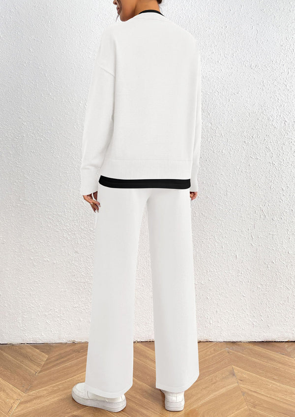 Long Sleeve Pullover Sweater Wide Leg Pants Two Piece Lounge Sets