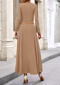 Casual Ribbed Knit Long Sleeve Crop Tops Maxi Flowy Skirts Two Piece Sets