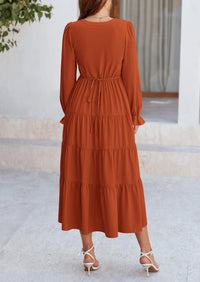 Long Sleeve V Neck Tiered Ruffle Flowy A Line Maxi Dresses