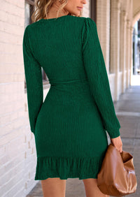 Ruched Bodycon Long Puff Sleeve Ruffle Fitted Mini Dress