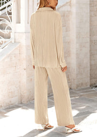 Casual Textured Button Down Shirt Wide Leg Pants Loungewear 2 Piece Sets