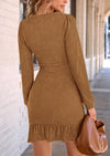 PRETTYGARDEN Women's Spring Fall Ruched Bodycon Mini Dress Long Puff Sleeve Ruffle Fitted Cocktail Party Dresses