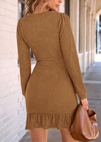 Ruched Bodycon Long Puff Sleeve Ruffle Fitted Mini Dress