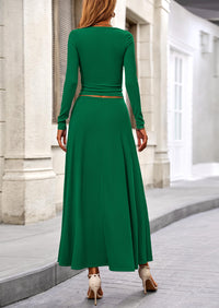 Casual Ribbed Knit Long Sleeve Crop Tops Maxi Flowy Skirts Two Piece Sets