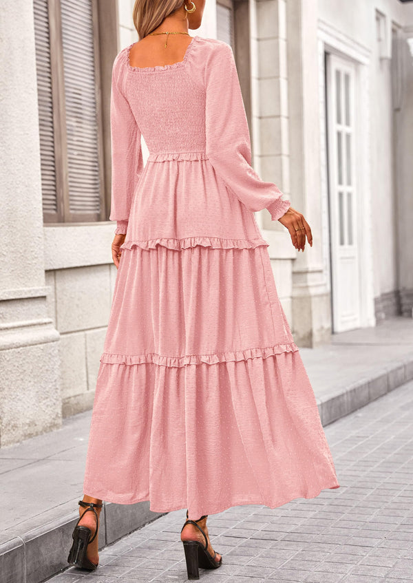 Long Sleeve Smocked Casual Square Neck Swiss Dot Tiered Ruffle Maxi Dresses