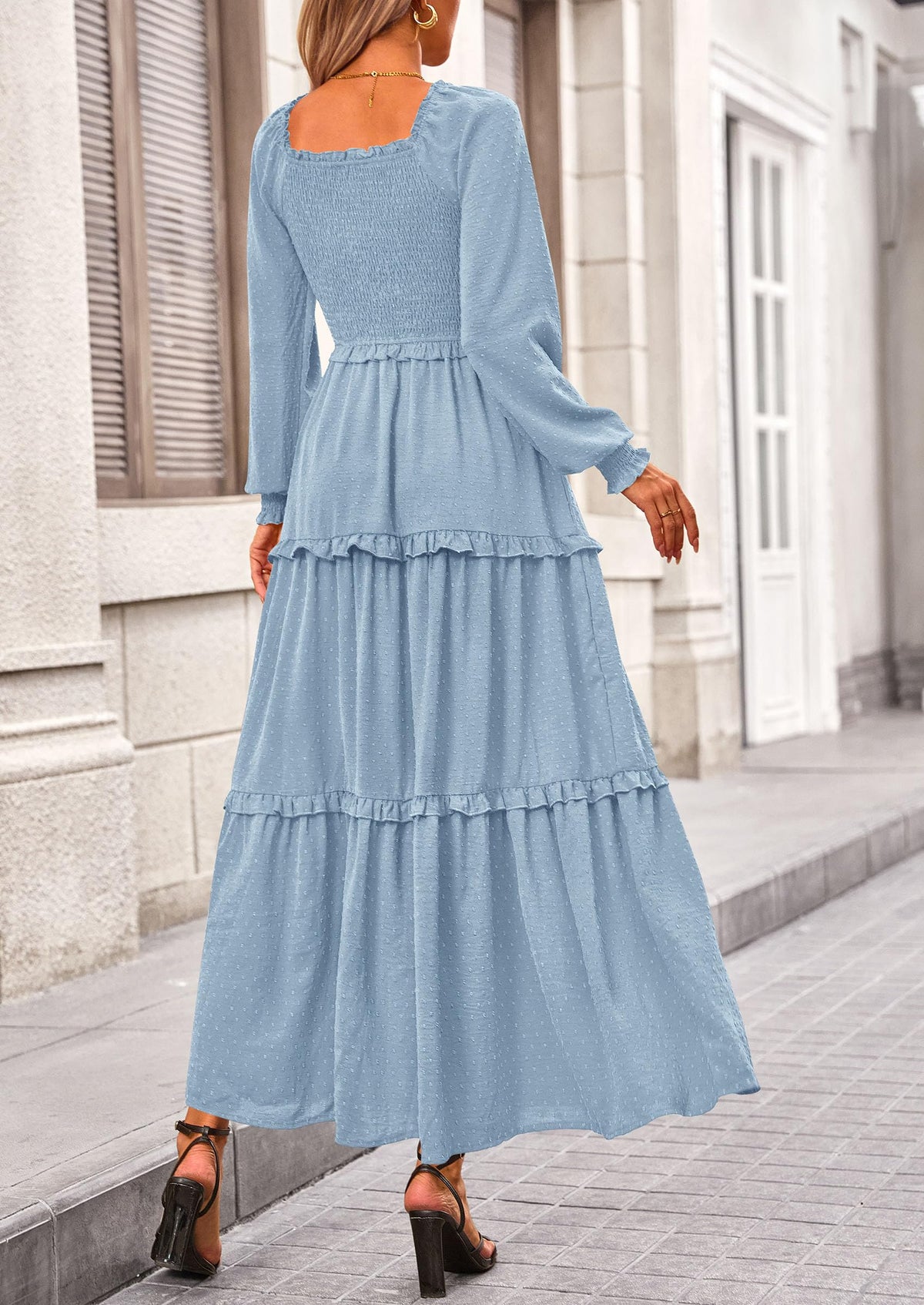 Long Sleeve Smocked Casual Square Neck Swiss Dot Tiered Ruffle Maxi Dresses