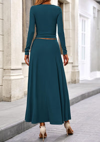Casual Ribbed Knit Long Sleeve Crop Tops Maxi Flowy Skirts Two Piece Sets