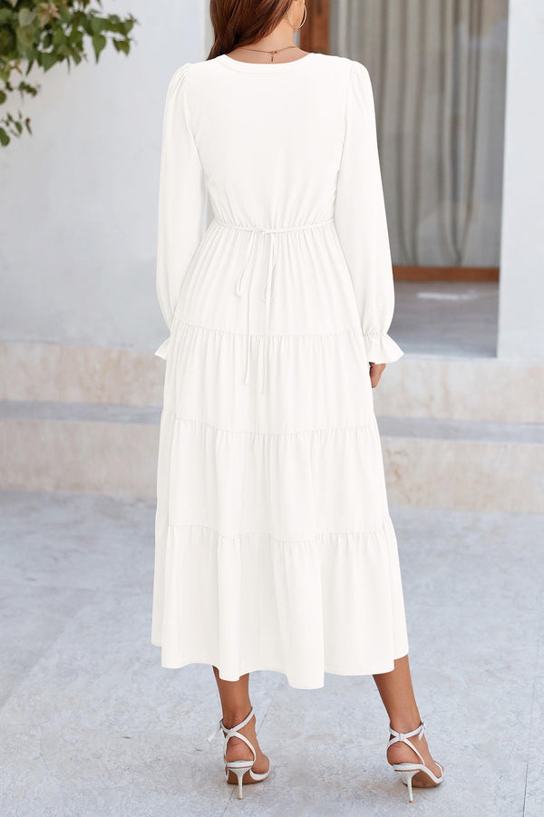 Long Sleeve V Neck Tiered Ruffle Flowy A Line Maxi Dresses