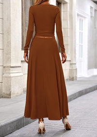 Casual Ribbed Knit Long Sleeve Crop Tops Maxi Flowy Skirts Two Piece Sets