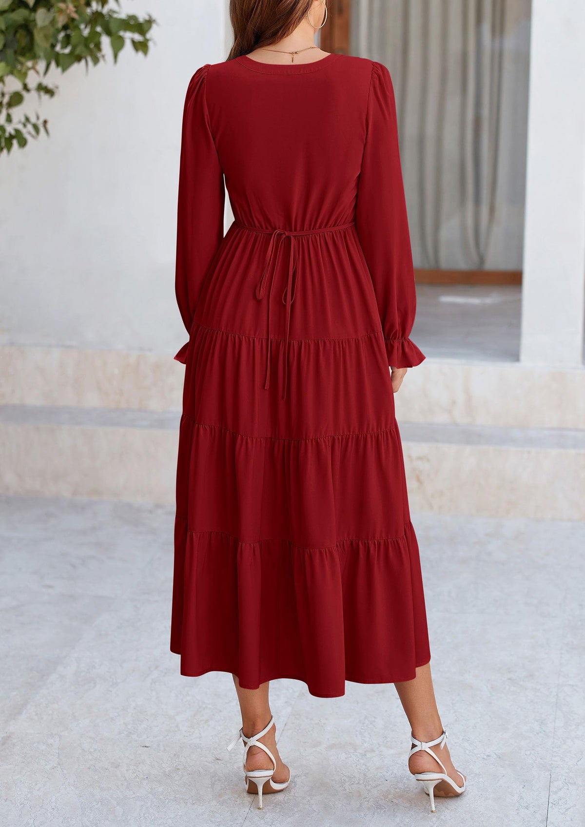 Long Sleeve V Neck Tiered Ruffle Flowy A Line Maxi Dresses
