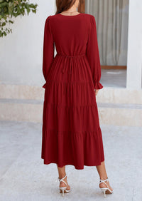 Long Sleeve V Neck Tiered Ruffle Flowy A Line Maxi Dresses