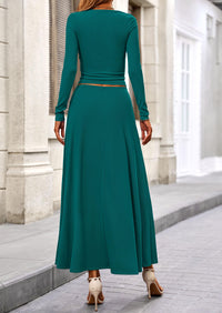 Casual Ribbed Knit Long Sleeve Crop Tops Maxi Flowy Skirts Two Piece Sets