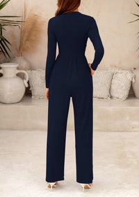 Casual Long Sleeve Mock Neck Wide Leg Jumpsuits