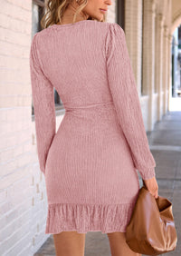 Ruched Bodycon Long Puff Sleeve Ruffle Fitted Mini Dress