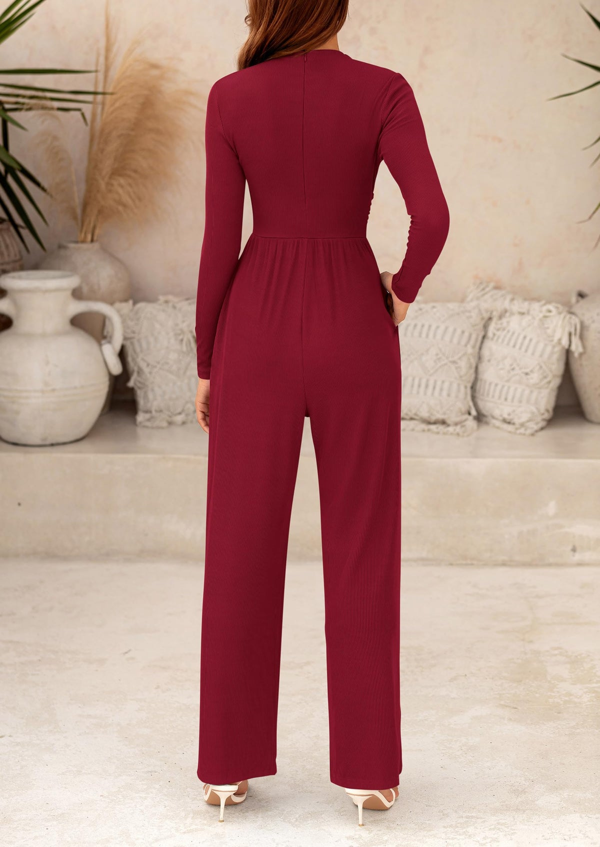 Casual Long Sleeve Mock Neck Wide Leg Jumpsuits