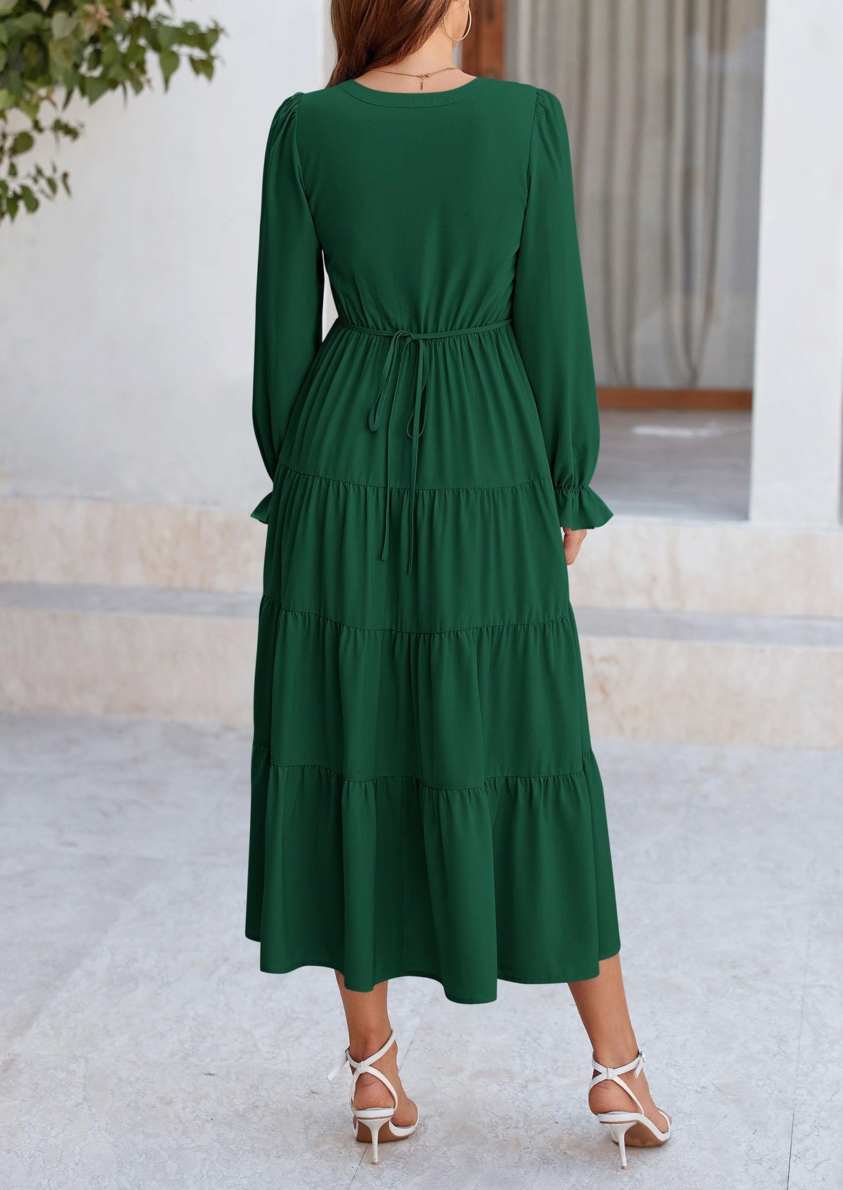 Long Sleeve V Neck Tiered Ruffle Flowy A Line Maxi Dresses