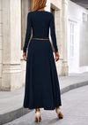 PRETTYGARDEN 2 Piece Casual Ribbed Knit Long Sleeve Crop Tops Maxi Flowy Skirts Matching Sets