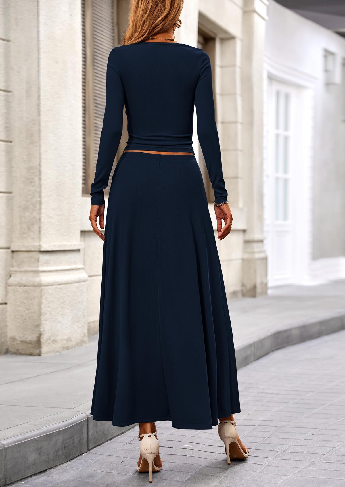 Casual Ribbed Knit Long Sleeve Crop Tops Maxi Flowy Skirts Two Piece Sets