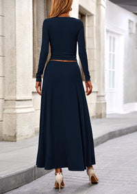 Casual Ribbed Knit Long Sleeve Crop Tops Maxi Flowy Skirts Two Piece Sets