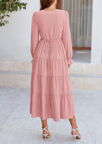 Long Sleeve V Neck Tiered Ruffle Flowy A Line Maxi Dresses